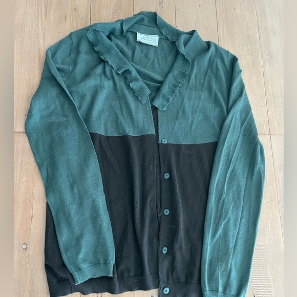 Prada women ruffle wool blend light green black cardigan - Picture 1 of 4